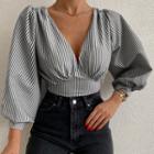 Lantern-sleeve V-neck Striped Blouse
