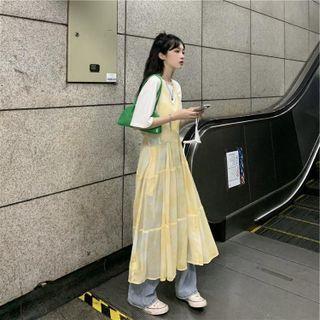 Short-sleeve Plain T-shirt / Sleeveless Tie Dye Midi Dress