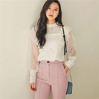 Set: Ruffled Sheer Lace Blouse + Camisole Top