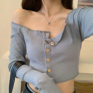 Off-shoulder Long Sleeve Buttoned Cropped Top