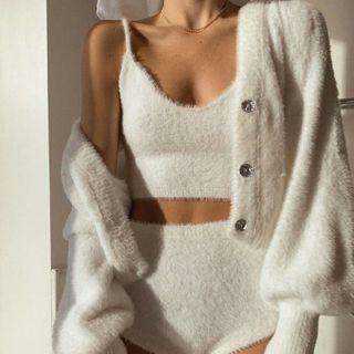 Plain Tank Top / Plain Long-sleeve Cardigan / High-waist Shorts