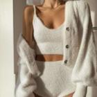 Plain Tank Top / Plain Long-sleeve Cardigan / High-waist Shorts