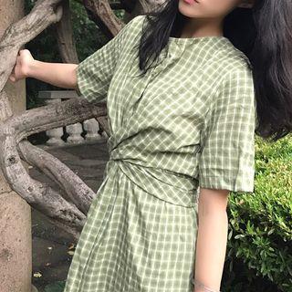 Check Short-sleeve Midi Sheath Dress