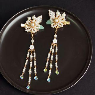 Flower Faux Pearl Fringed Earring I36 - 1 Pair - White & Gold - One Size