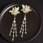 Flower Faux Pearl Fringed Earring I36 - 1 Pair - White & Gold - One Size