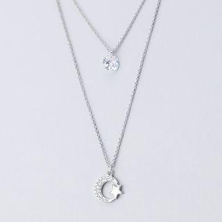 925 Sterling Silver Rhinestone Moon & Star Pendant Layered Necklace S925 Silver - Necklace - One Size