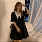 Short-sleeve Contrast Collar Button-up A-line Dress