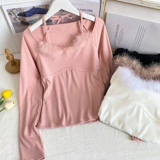 Details Furry-trim Slim-fit Top