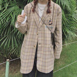 Plaid Button-up Coat Khaki - One Size