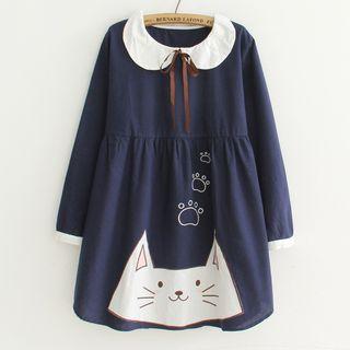 Cat Applique Long-sleeve Collared A-line Dress