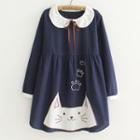 Cat Applique Long-sleeve Collared A-line Dress