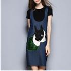 Set: Plain Short Sleeve T-shirt + Dog Applique Denim Pinafore Dress