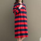 Hooded Long Sleeve Striped Midi Dress