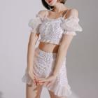 Set: Cold-shoulder Sequined Swim Top + Ruffle Trim Skirt