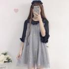 Elbow-sleeve Star Embroidered A-line Mesh Dress Gray - One Size