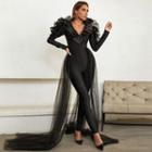 Long-sleeve Ruffled Mesh Overlay Fitted Jumpsuit