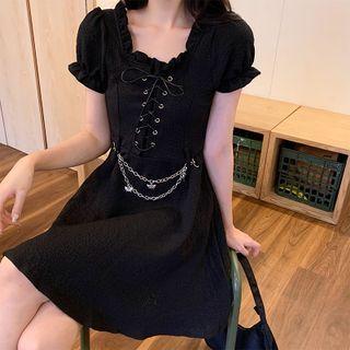 Puff-sleeve Lace Up Mini A-line Dress
