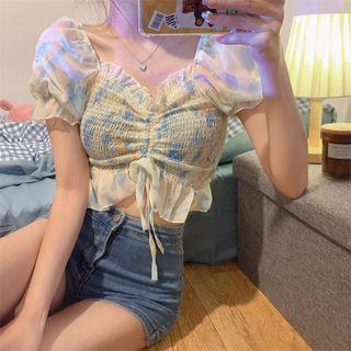 Short-sleeve Tie Dye Drawstring Cropped Blouse