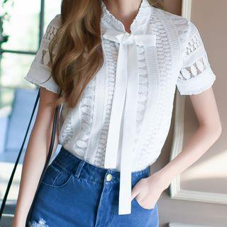Bow Accent Short Sleeve Lace Blouse