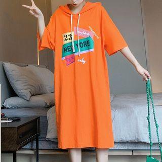 Lettering Elbow-sleeve Hooded Midi T-shirt Dress