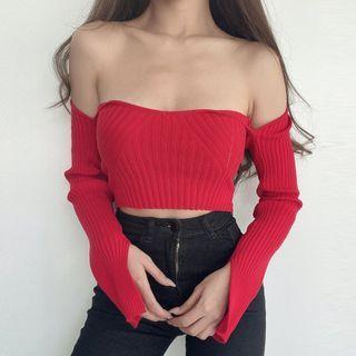 Square-neck Split Long-sleeve Top Red - One Size