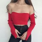Square-neck Split Long-sleeve Top Red - One Size