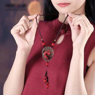Retro Flower Gemstone Pendant Necklace Red - 85cm