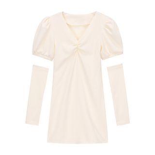 Set: Short-sleeve Shift Dress + Arm Sleeves Set Of 2 - Dress & Arm Sleeves - White - One Size