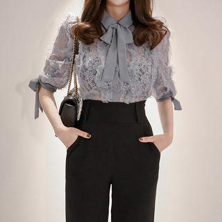 Set: Lace Blouse + Crop Dress Pants