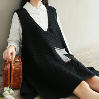 V-neck Color Block Long Knit Vest