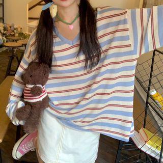 V-neck Striped Knit Top Stripes - Blue & Red - One Size