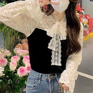 Lace Panel Tie-neck Blouse Black - One Size