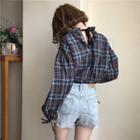 Long-sleeve Lace-up Plaid Blouse