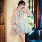 Set: Embroidered Mesh Bell-sleeve A-line Dress + Strappy Dress