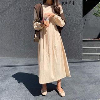 Puff-sleeve Tie-waist Pleated-hem Dress