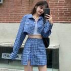 Houndstooth Cropped Jacket / Lace-up Mini Skirt
