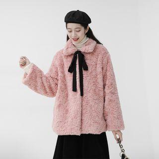Fluffy Tie-neck Button Coat Pink - One Size
