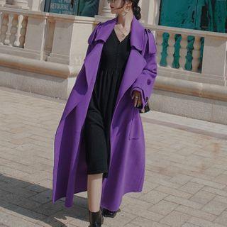 Notch Lapel Tie-waist Open-front Maxi Coat
