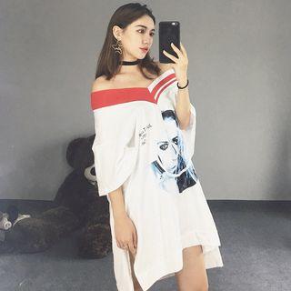 Printed Off Shoulder 3/4 Sleeve T-shirt Dress