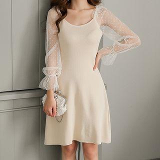 Dotted Mesh-sleeve Ruffled A-line Dress