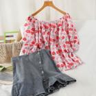 Set: Puff-sleeve Floral Print Blouse + Denim Skirt