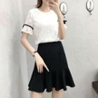 Set: Lace Short-sleeve Top + Ruffle Mini Skirt