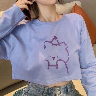 Long-sleeve Cropped Bear Print T-shirt