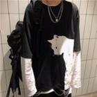 Mock Two-piece Cat Print Long-sleeve T-shirt