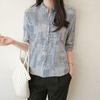 Open-placket Drawstring-waist Pattern Shirt