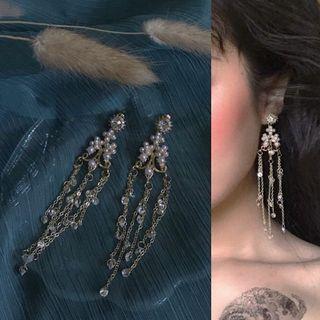 Faux Pearl Rhinestone Fringed Earring 1 Pair - D20a - Stud Earring - One Size