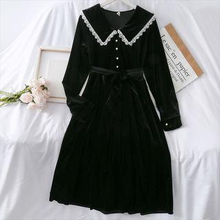 Lace-trim Velvet Dress With Sash