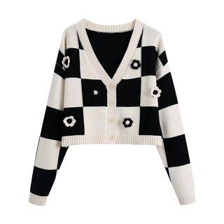 Checkered Flower Accent Cardigan