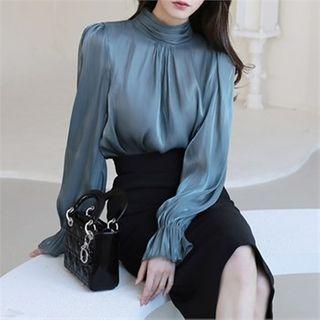 Mock-neck Balloon-sleeve Satin Blouse