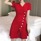 Short-sleeve Asymmetric Buttoned Ruffled A-line Mini Dress